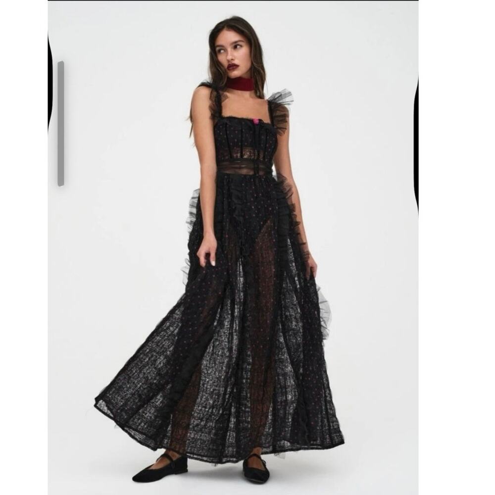 FOR LOVE AND LEMONS Black Mesh Polka Dot Janelle Ruffled Dress size Small nwt - Picture 1 of 16